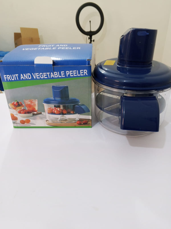 Automatic chargeable vegetable peeler by My Store, showing a sleek electric peeler with peeled fruits and vegetables on a countertop.