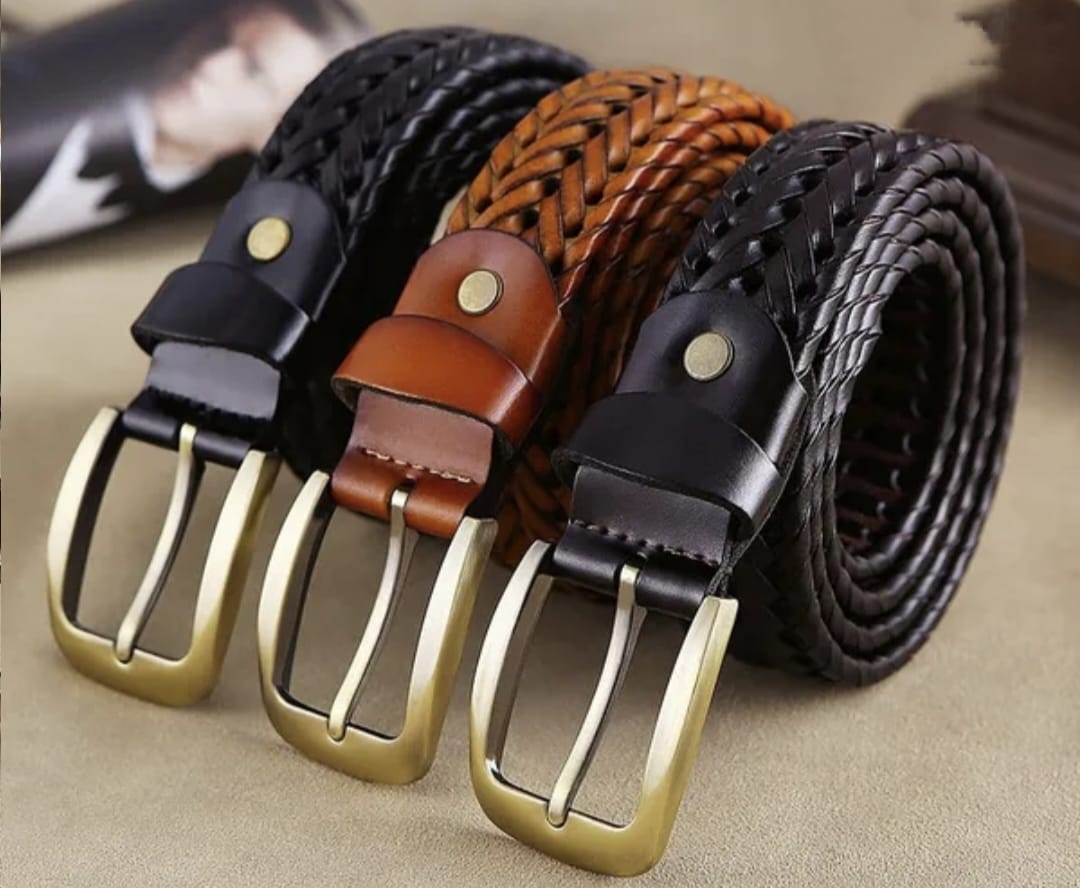 Premium Woven Leather Belt for Men – Classic Metal Buckle