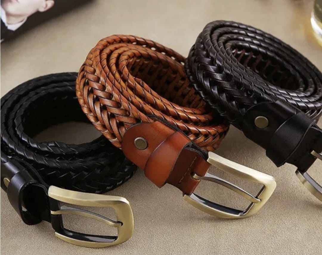 Premium Woven Leather Belt for Men – Classic Metal Buckle