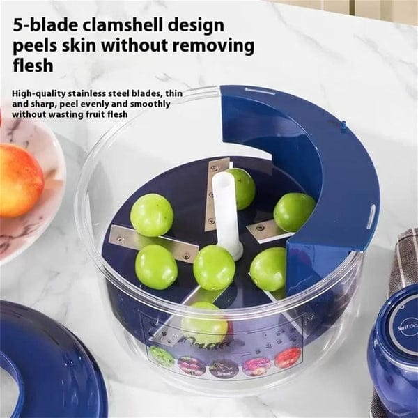 Automatic chargeable vegetable and fruit peeler with garlic and potato peeling functions, compact and ergonomic design.
