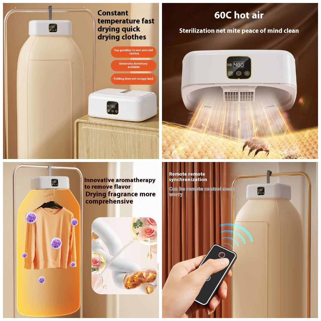 Portable electric clothes dryer by Brandcore, showing a compact, foldable design for fast, energy-efficient drying.