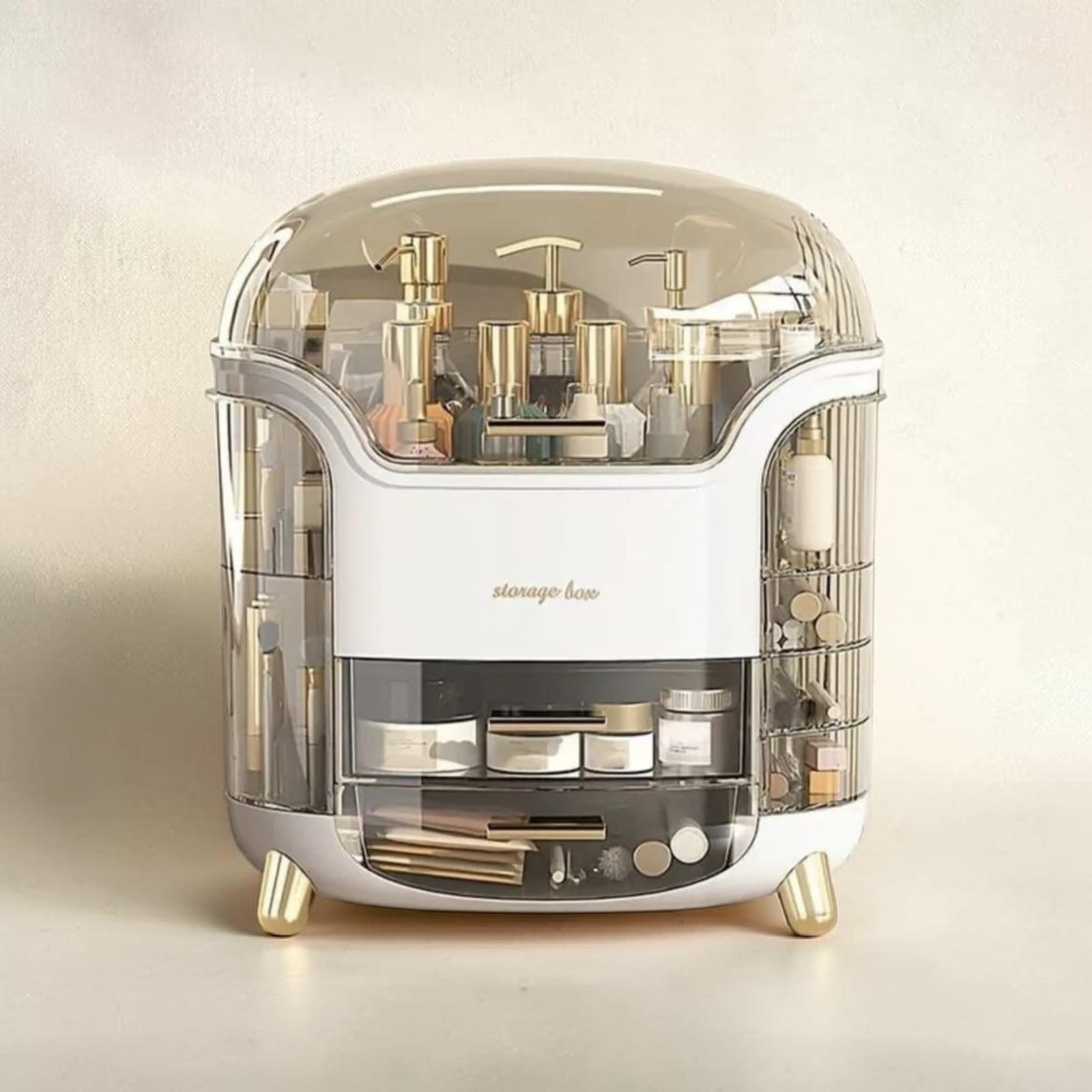Clear acrylic makeup organizer with drawers by Brandcore, dustproof vanity storage box for cosmetics and beauty tools.
