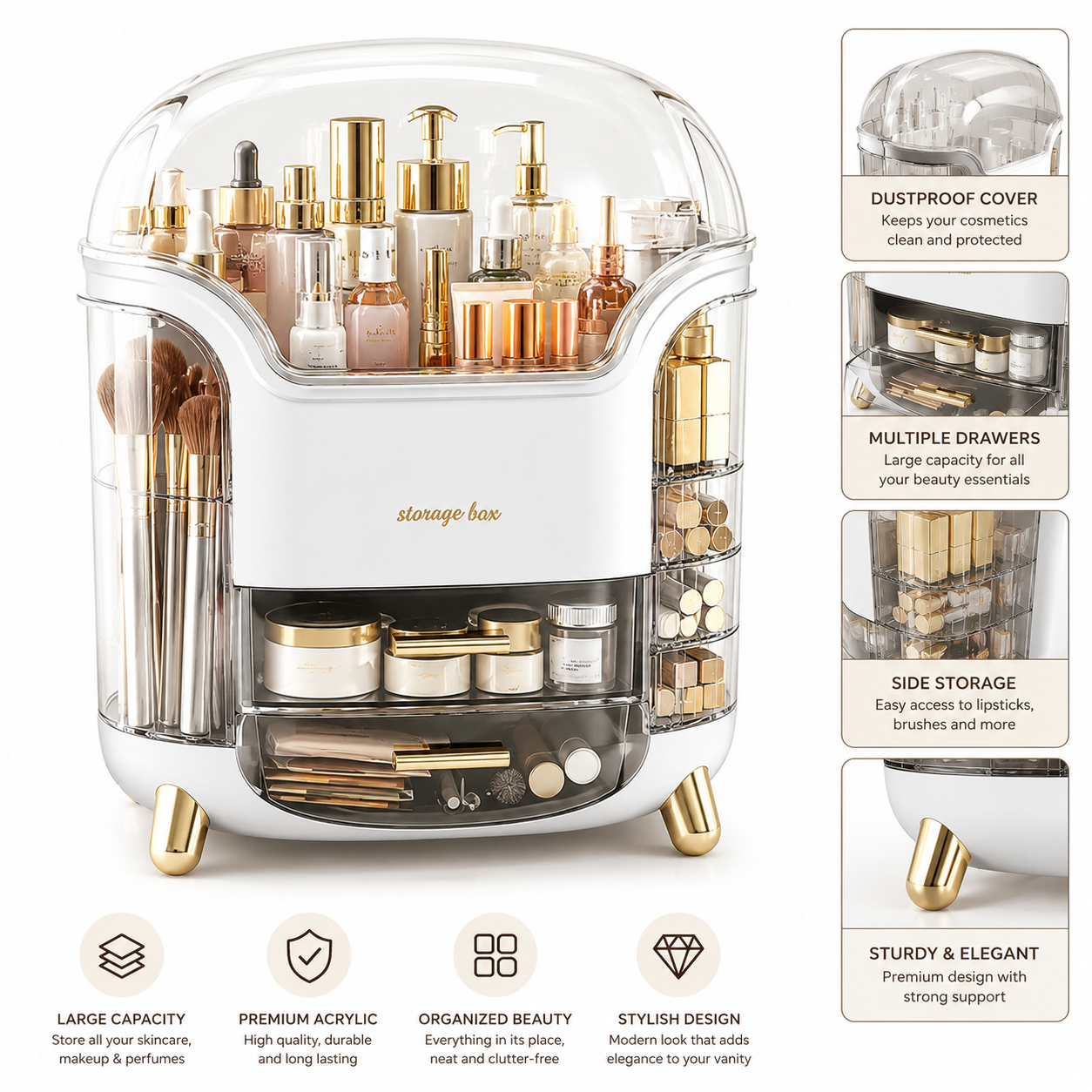 Brandcore premium acrylic makeup organizer with dustproof drawers, clear vanity storage box for cosmetics and beauty tools.