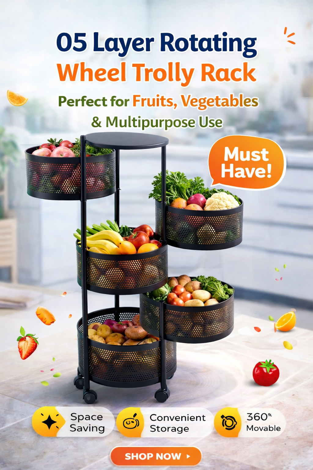 5 Layer Rotating Wheel Trolley Rack