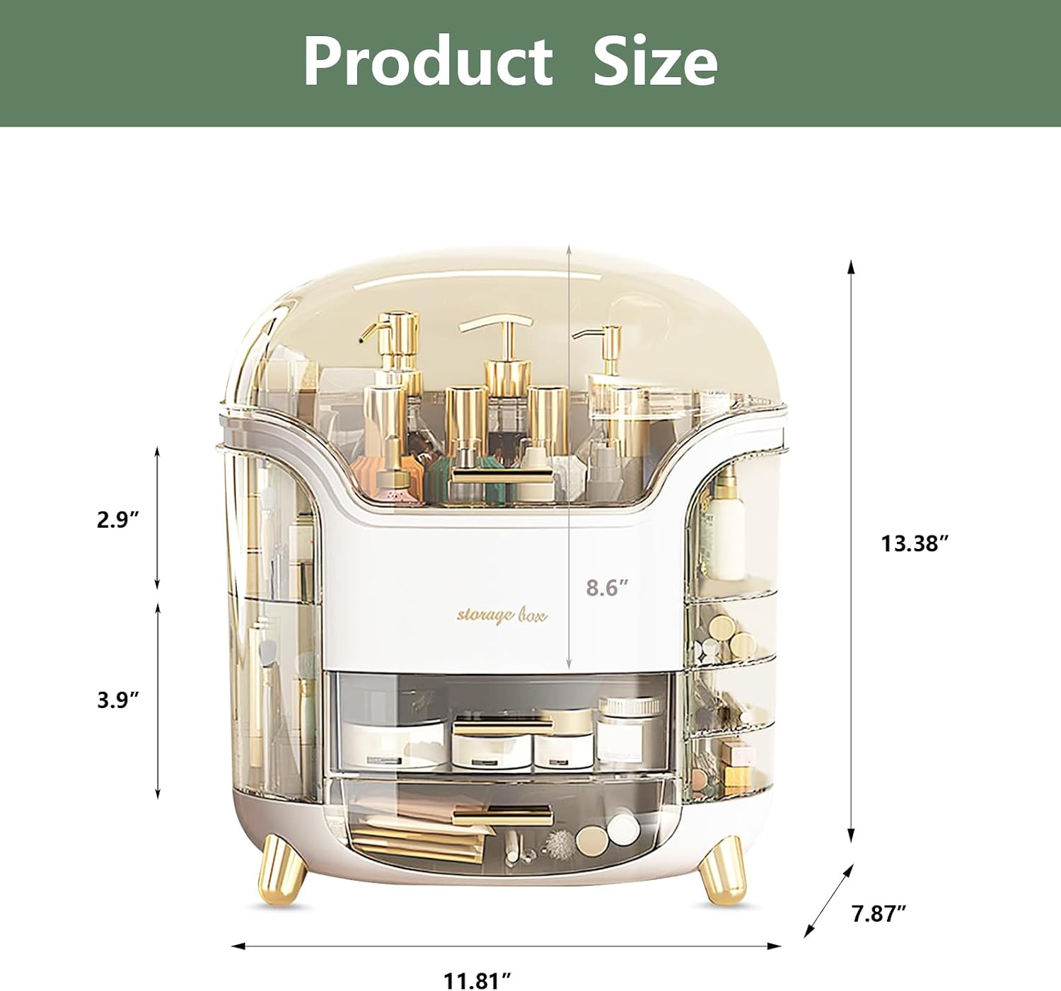 Brandcore premium acrylic makeup organizer with drawers, dustproof vanity storage box for cosmetics and beauty tools.