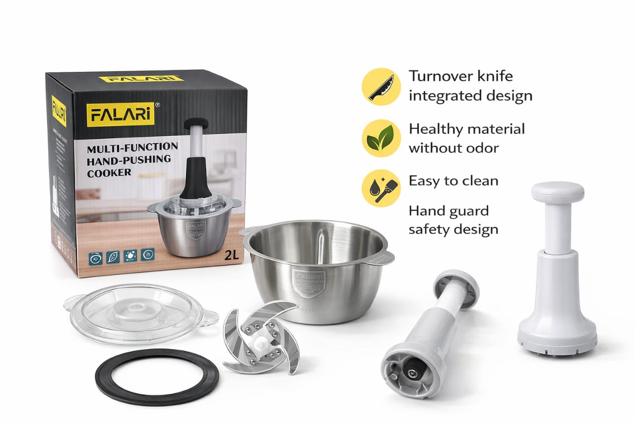Multi-Function Hand Push Chopper – Stainless Steel Bowl (2L)